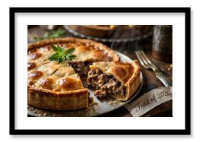 Rustic close-up shot of a savory meat pie with a Feast of 2026 tag
