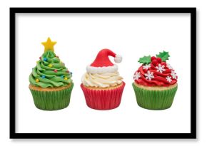 Christmas cupcakes decorated with festive frosting designs including a Christmas tree, Santa hat, and holly, isolated on transparent or white background