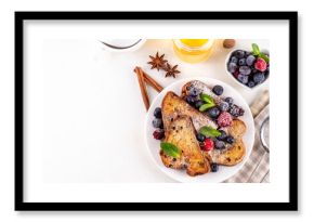 Leftover Christmas Spiced Stollen French Toasts, sweet fried stollen toasts with sugar powder and berries, Christmas morning dessert snack