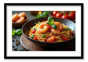Shrimp pasta dish served in a dark bowl with cherry tomatoes and fresh basil garnish. Ingredients mixed with noodles and sauce. Delicious seafood meal presented beautifully.