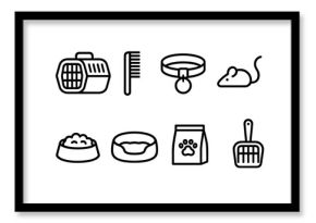 Essential Cat Care Icons. Cat Care linear icon set: cat carrier, grooming comb, collar with tag, cat toy mouse, feeding bowl, cat bed, treat bag, litter scoop