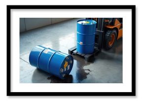 Spilled hazardous chemical from a damaged barrel on a warehouse floor. The leaked liquid created a puddle. Nearby another barrel on a pallet and a forklift. Environmental damage.