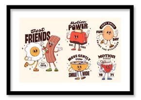 Cheerful breakfast food groovy characters stickers and t shirt prints. Funny cartoon vector egg, bacon, toaster, potato, cereal, jam personages with retro sneakers and positive vintage morning slogans