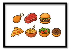 Cartoon fast food and meal icons with bold outlines for menus