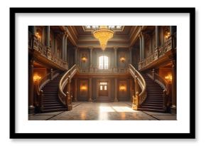 Grand ornate ballroom interior with large crystal chandelier. Sweeping dual staircase with golden railings. Elegant baroque architecture with columns and decorative walls. Luxurious old mansion hall.