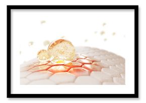 3d skin cells with gold oil drops, liquid serum or collagen gel. Epidermis layer with red damaged skin area, hexagon pattern. Repair, treatment, moisture, nourish from redness or acne
