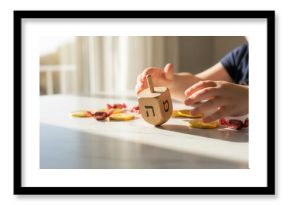 Child's hands spinning a wooden dreidel on a white table. Playing a traditional Hanukkah game with chocolate gelt. Jewish holiday celebration concept