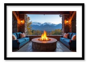 Cozy patio with sofas and fire pit overlooks snowy mountains in autumn. Stone pillars and warm lamplight create inviting ambiance. Enjoy a fall evening with stunning nature scenery.