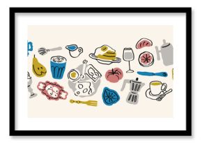 Food, seamless doodle pattern. Endless horizontal texture design with colored sketches, breakfast, morning coffee, lunch snacks. Italian Dolce Vita style scribbles. Hand-drawn vector illustration