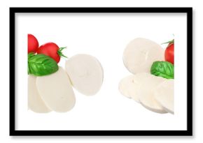 Mozzarella cheese sliced with basil leaf and tomato isolated on white background . Top view. Flat lay