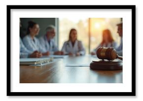 Medical experts in lab coats sit around table. Gavel rests on wood desk, symbolizing law and ethics in healthcare decisions. Team discusses legal policy matters in meeting.