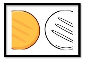 Arepa, traditional corn flatbread in  Colombia and Venezuela. Black and white line icon and color cartoon drawing. Simple vector clip art illustration.