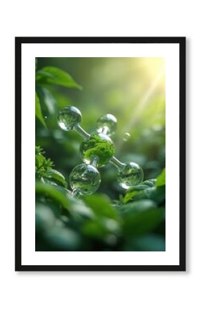 Molecular structure with green vegetation inside. 3D render of molecule floats amid leaves and bright sunlight. Eco tech and sustainable chemistry concept. Green energy and nature.
