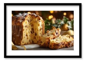 Tall panettone loaf sliced open to show airy texture and raisins inside, surrounded by festive ribbons and warm Christmas lights. Traditional in Italy and Switzerland.