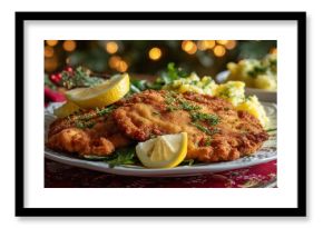 Golden crispy schnitzel served with potato salad and lemon slices rests on a festive tablecloth in warm Christmas light.