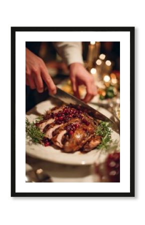 Person slices roasted duck with cranberry glaze at a warm festive table surrounded by Christmas decor. Soft lighting enhances the cozy celebration mood.