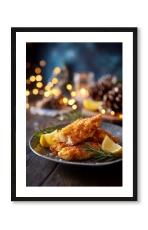 Crispy fried fish fillet with lemon and herbs rests on a festive plate with warm lights. A traditional Polish Christmas Eve dish known as fried carp.