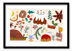 Traditional festive dishes, food, baking, gingerbread, pie, cake, cookies, turkey, spices, branches. Winter holiday stickers set in cartoon retro style. Flat vector illustration isolated