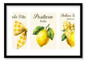 Set of poster designs with yellow lemons and bow. Italian Mediterranean posters with yellow lemons and vintage bow. Italy, Amalfi and Mediterranean vibe. Vector illustration.