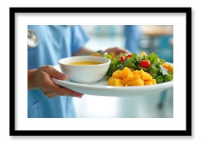 Healthcare worker in blue uniform brings tray with soup salad and fruit to patient. Hospital dining service offers healthy meal for wellness recovery. Nutrition care supports healing.