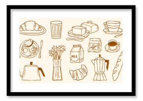 Coffee breakfast doodle set with crayon sketch style - cup on saucer, croissant and butter block, milk pack, teapot and baguette bread. Cafe icons in line illustration for menu or kitchen designs.