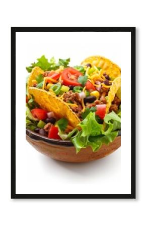 Delicious taco salad featuring crispy tortilla chips, seasoned ground beef, cheese, black beans, corn, tomatoes, onions, lettuce and spices