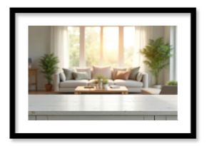 Empty white wooden table foreground. Bright living room background with sofa, coffee table, plants, large windows. Natural light fills scene. Perfect for product placement.