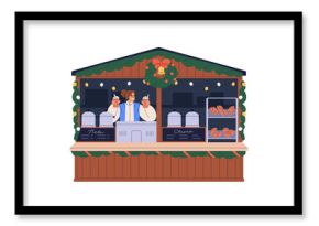Christmas stall, wooden booth with vendor selling bakery and festive hot drinks. Winter holiday kiosk, outdoor cafe, woman behind counter. Flat vector illustration isolated on white background.