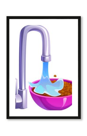 Cartoon dry buckwheat being poured from sink tap into a pink vector bowl with water stream, depicting the process of rinsing grains before cooking as part of food preparation in a kitchen environment