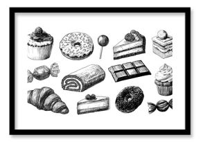 Dessert engraving set. Sweets cupcake candy chocolate donut cheesecake roll croissant drawing, food baked goods vector illustration