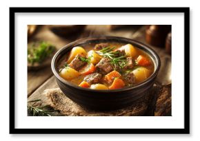 rustic and hearty beef stew with potatoes and carrots served in a dark bowl on a farmhouse wooden table with steam rising