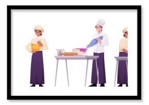 Set of chef characters in the process of cooking, kneading, baking, demonstrating.