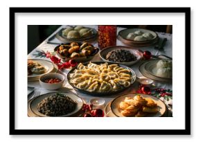 Stół wigilijny z pierogami i innymi potrawami świątecznymi