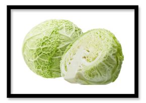 Whole and half green cabbage isolated