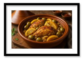 Delicious chicken tagine with olives and lemon slices served in bowl