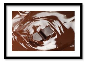 Tasty melted chocolate and piece as background, closeup