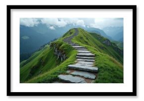 Stone stairs climb green mountain ridge toward cloudy sky. Scenic pathway leads to peak. Journey concept for travel adventure and outdoor exploration.