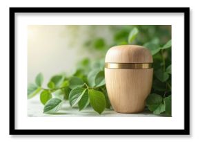 A natural wood urn sits among lush green leaves. This eco friendly container represents remembrance and respect for departed loved ones. It suggests peace and a gentle return to nature.