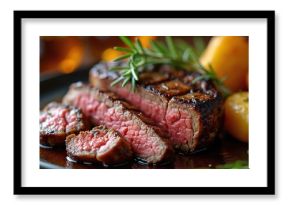 Juicy grilled rib eye steak sliced, served with roasted potatoes and rosemary sprig. Meat is medium rare, tender with charred crust. Perfect for steakhouse menus, gourmet food blogs or recipe content.