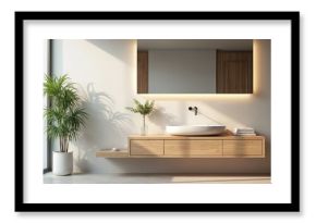 Modern bathroom with floating wood vanity, vessel sink, illuminated mirror, and potted plant. Clean white walls contrast with natural wood tones, creating a serene, minimalist ambiance.