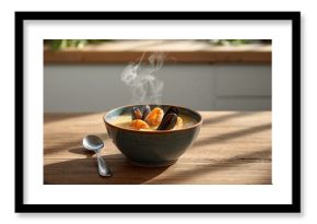 Creamy seafood soup with mussels and shrimp, highlighting rich textures for culinary presentation