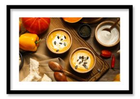 Delicious pumpkin soup served on wooden table, top view