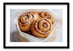 top view of Swedish cinnamon buns in a white bakery bag cinnamon twists in a white paper bag top view of homemade Kanelbullar : Generative AI