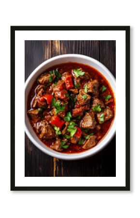 Hungarian goulash soup with beef, peppers, and herbs is served in a white bowl on a dark wooden table