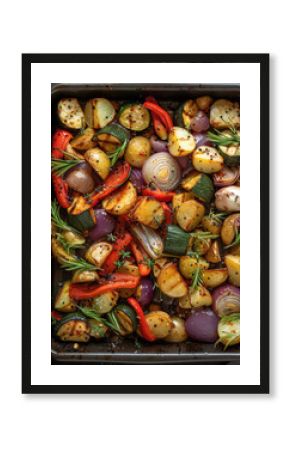 A baking tray with oven vegetables on it. peppers, onions, potatoes, zucchini garlic and herbs. top view.