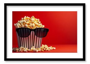 A vibrant bowl of popcorn wearing stylish sunglasses against a bold red backdrop