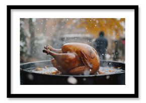 Outdoor deep frying of a whole turkey on a snowy day, showcasing a festive cooking tradition with golden, crispy perfection in cold winter weather. Image made using Generative AI.