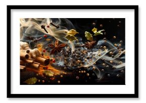 The ingredients for masala tea float in the air in clouds of mystical smoke. A traditional Indian drink. Close-up of fragrant spices and herbs against a background of smoke and steam