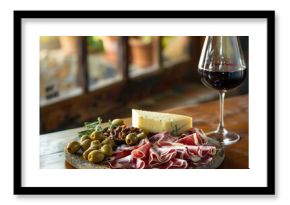 A traditional tapas spread with jam'n iberico, manchego cheese, olives, and a glass of red wine, set on a rustic wooden table.