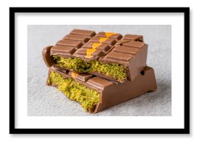 Dubai Chocolate bar with green kadayif and peanut butter on white stone table